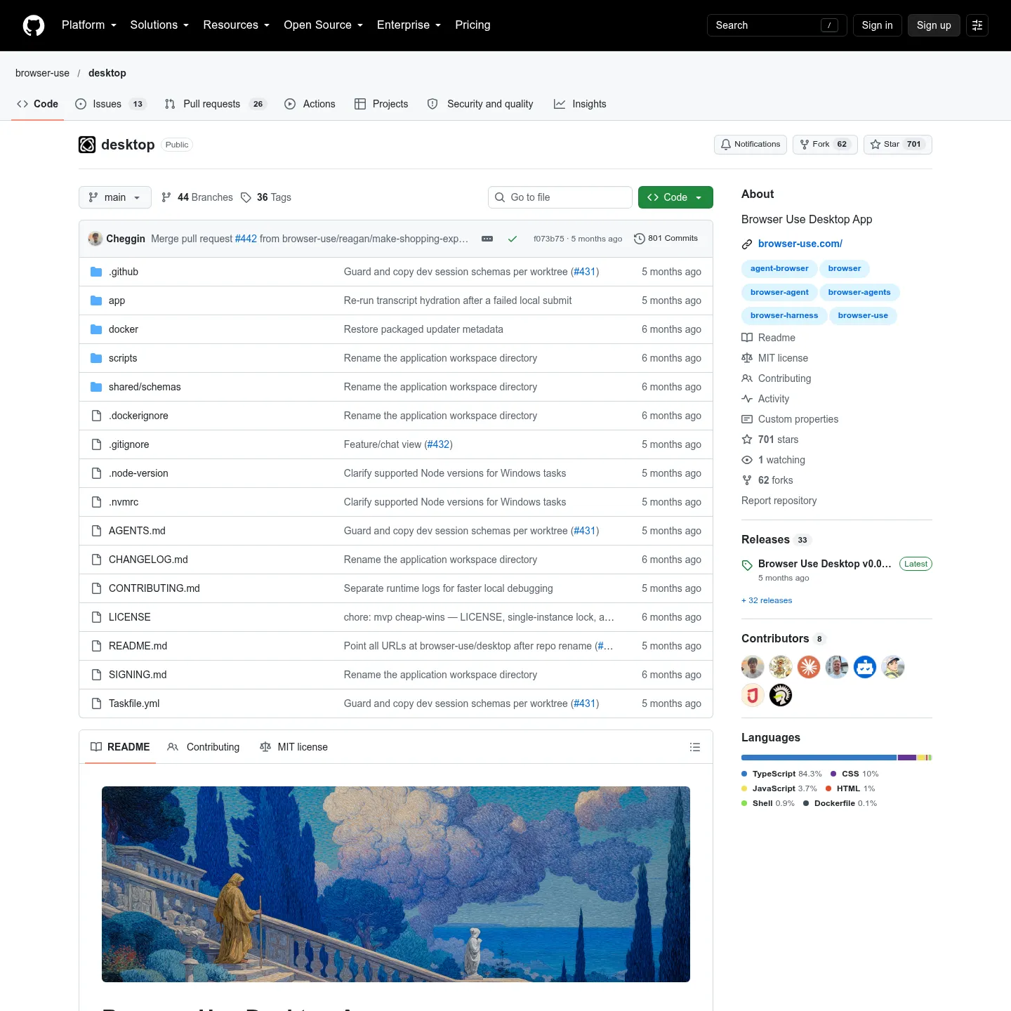 Browser Use Desktop repository showing the desktop application and supported downloads