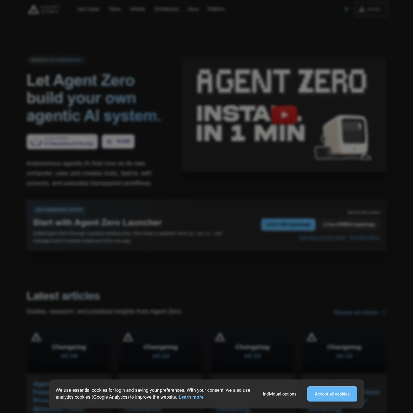 Agent Zero official site showing its agent workspace and installation options