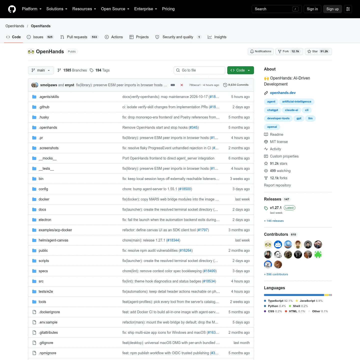 OpenHands repository presenting Agent Canvas and its self-hosted installation paths