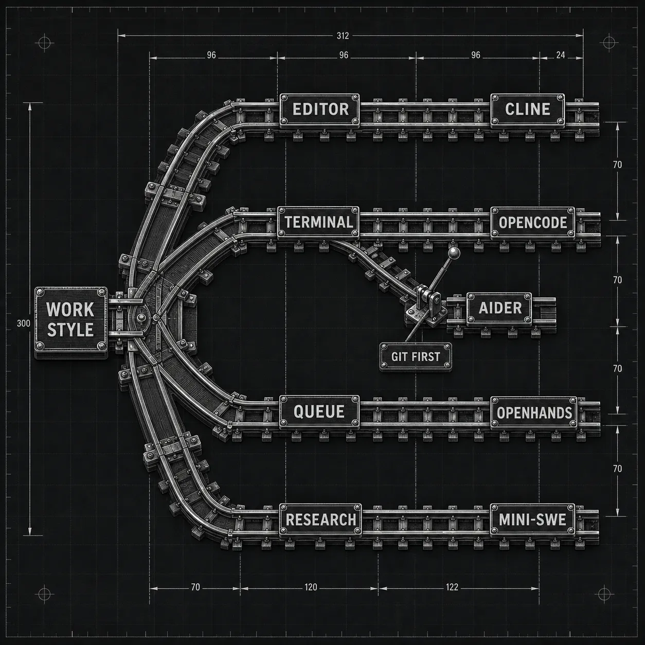 Arbre de décision orientant les workflows éditeur, terminal, file autonome et recherche vers différents agents de codage open source