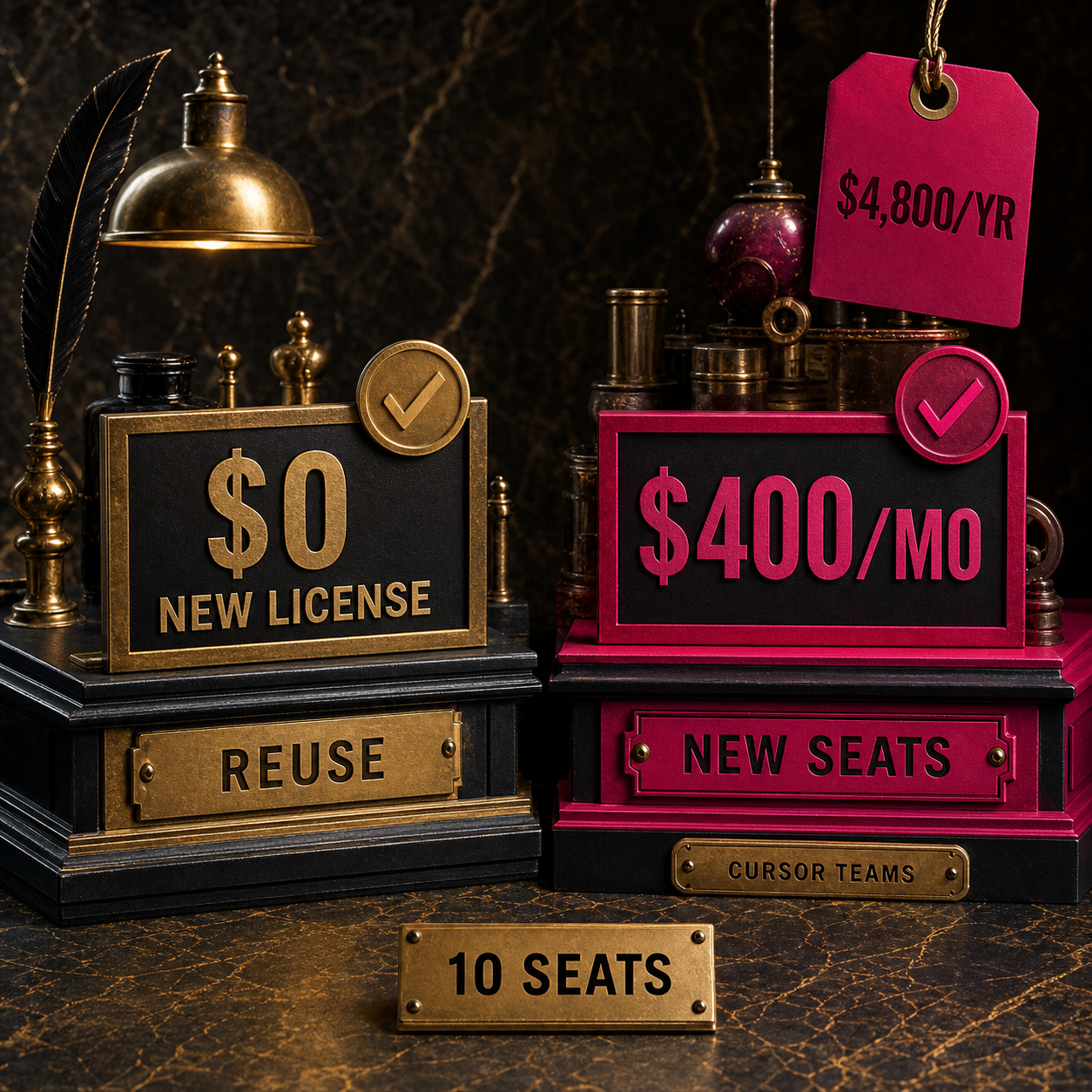 Budget comparison showing zero dollars in new open-source client licenses versus four hundred dollars per month for ten Cursor Teams seats