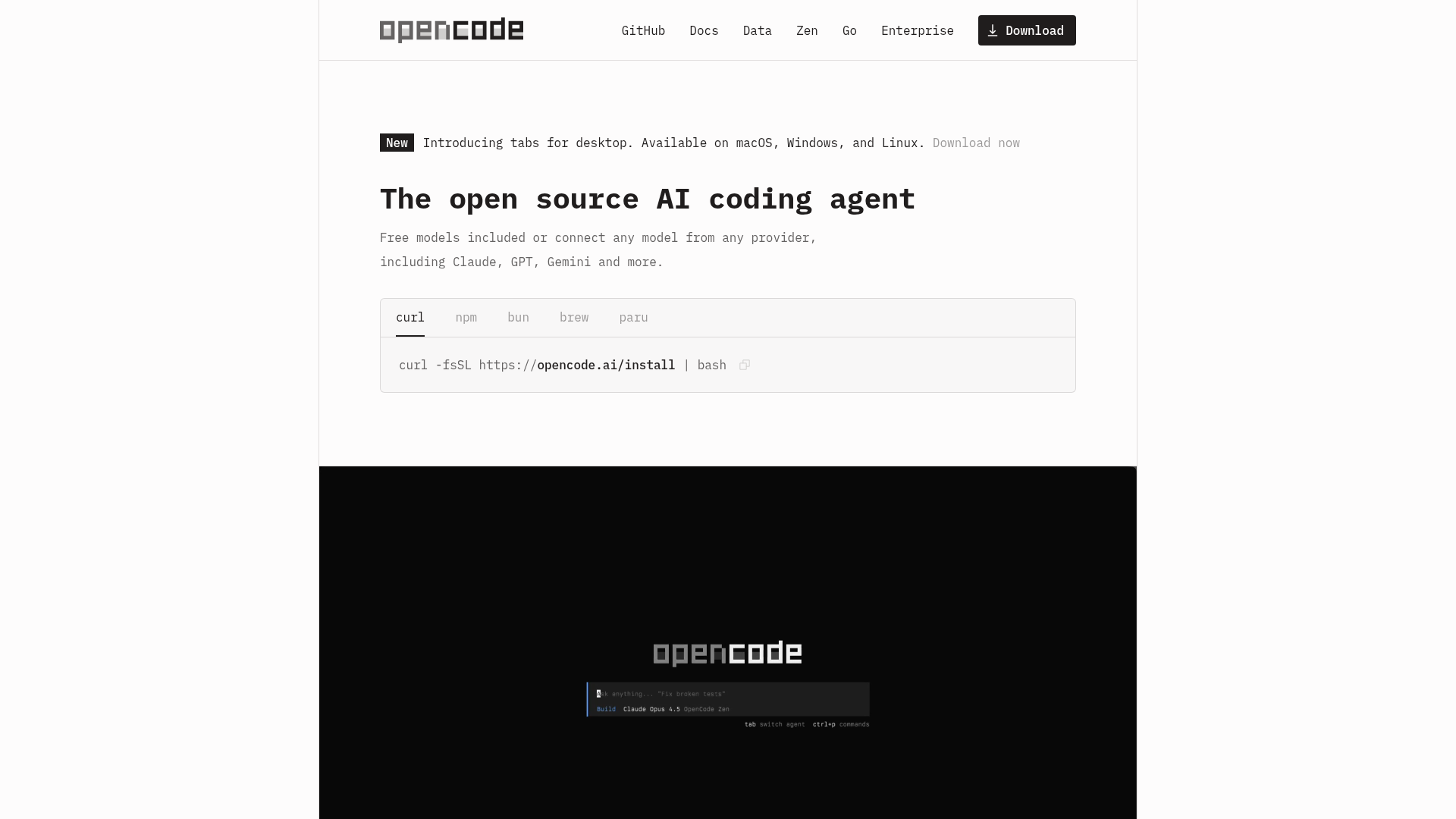 OpenCode open-source coding agent homepage