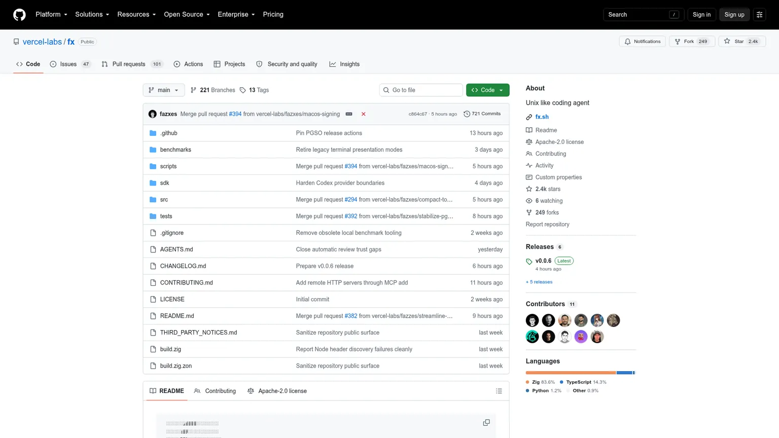 Repository del coding agent fx di Vercel Labs