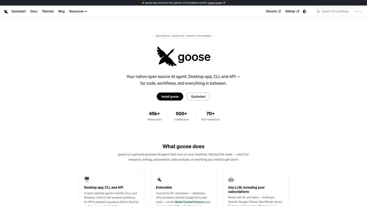 Homepage dell'agente AI open source goose