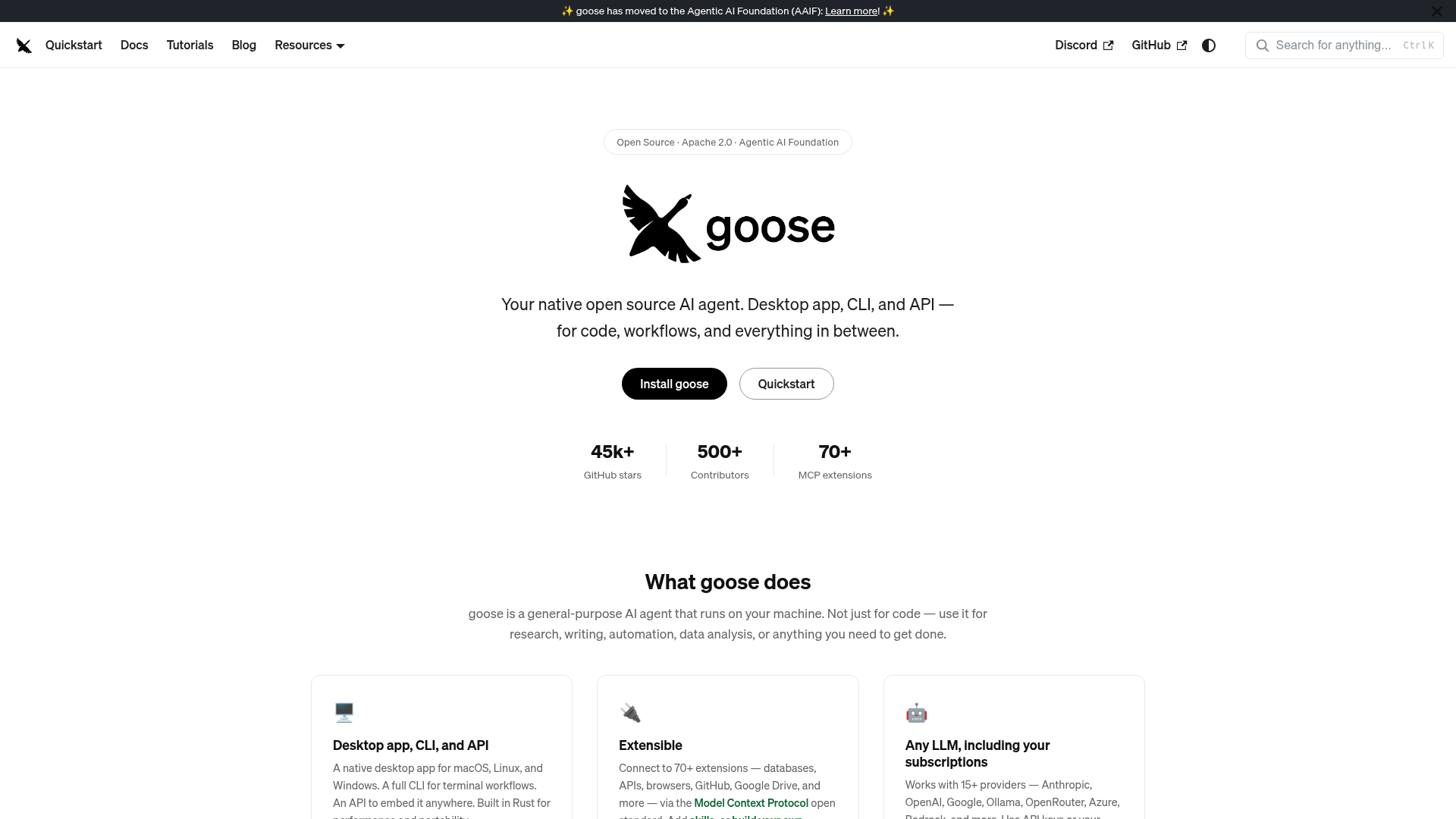 goose open-source AI agent homepage
