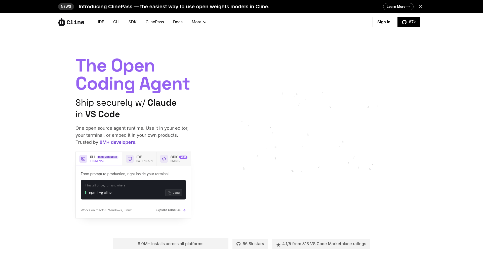 Cline coding agent homepage