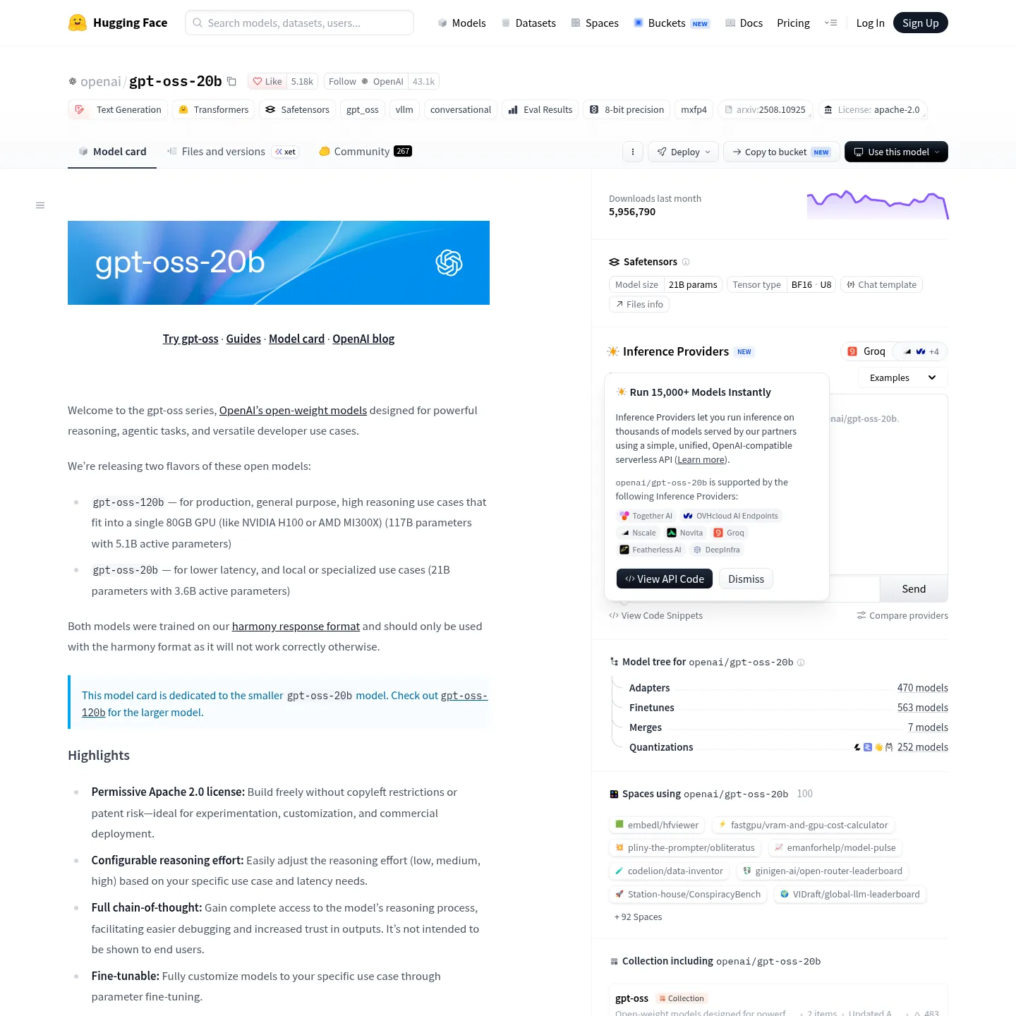 OpenAIs offizielle Modellkarte zu gpt-oss-20b mit Lizenz- und Inferenzhinweisen