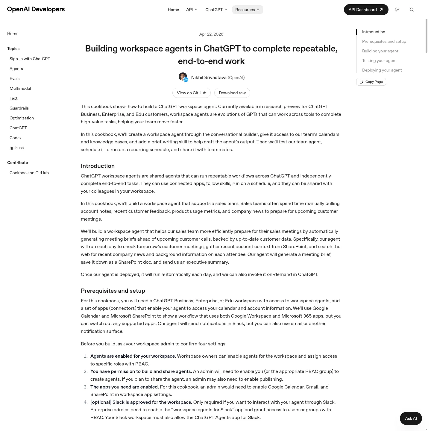 OpenAI cookbook showing the conversational builder for ChatGPT Workspace Agents