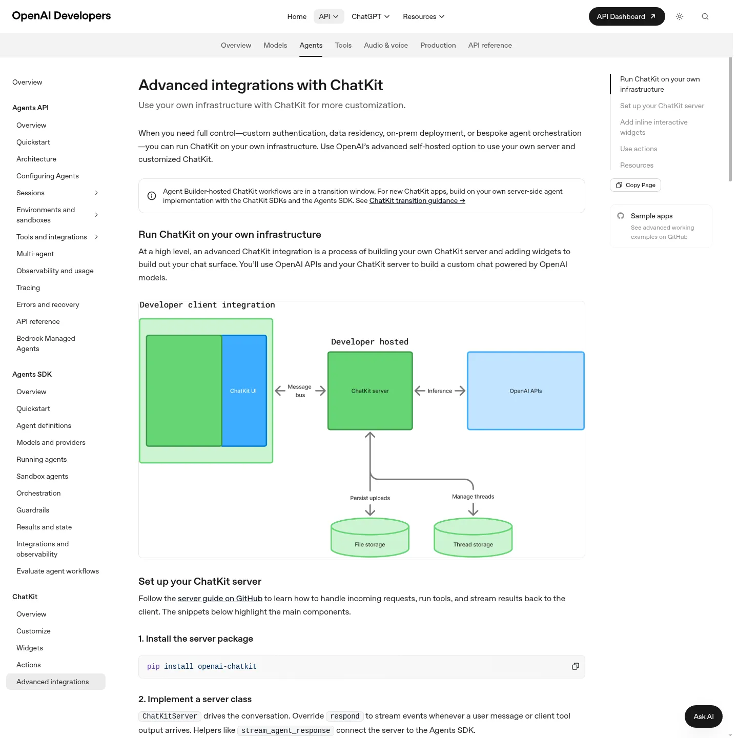 OpenAI advanced ChatKit guide showing a custom server integration