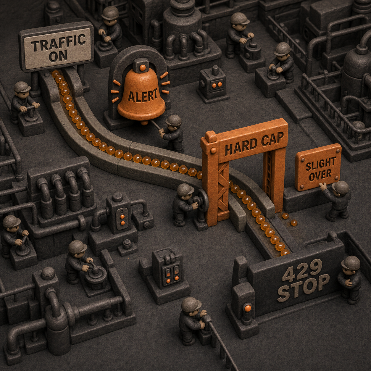 Clay traffic meter showing an alert before a monthly hard cap and a 429 stop after the cap