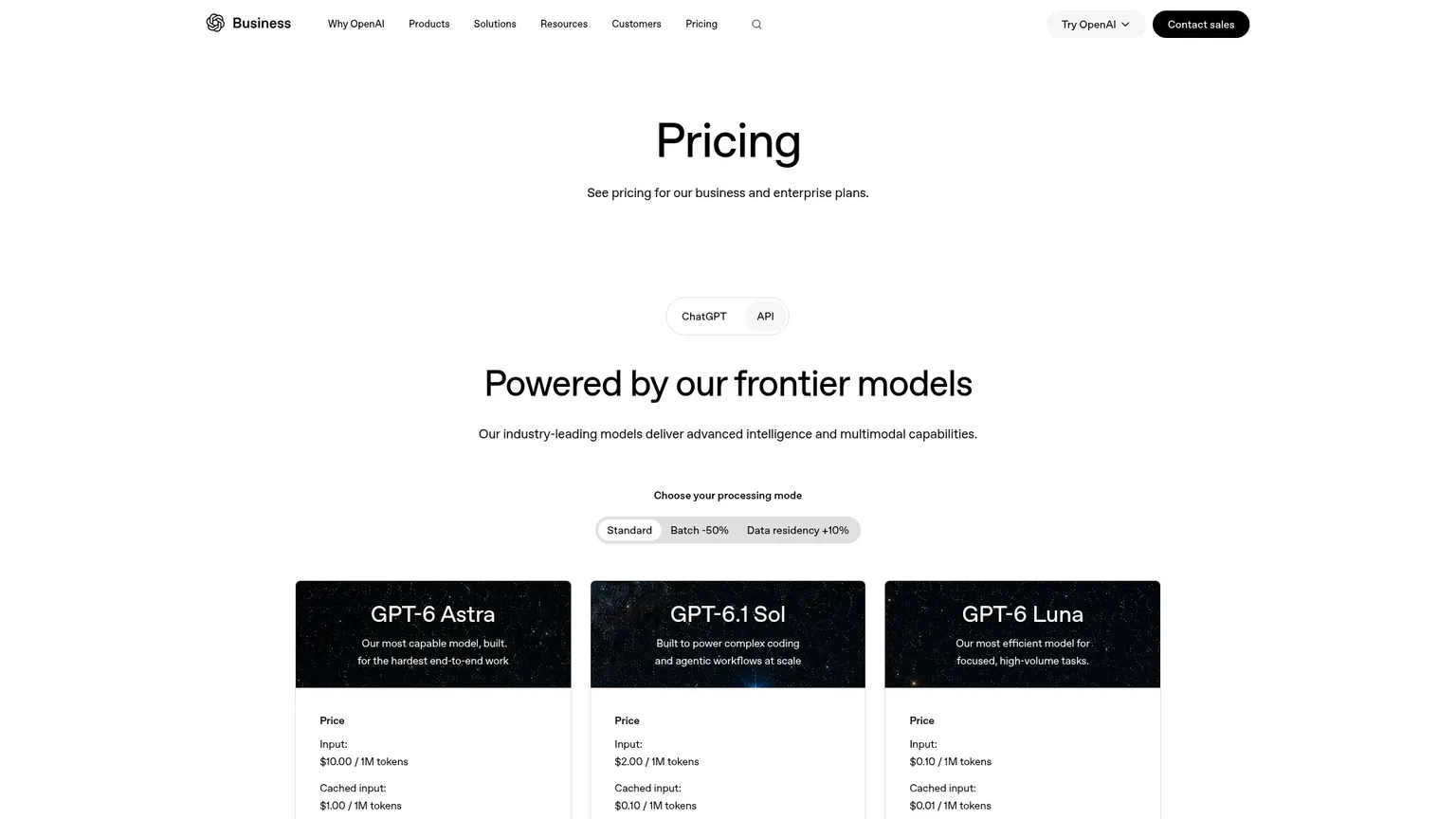 OpenAI's live API pricing page with current model and tool rates