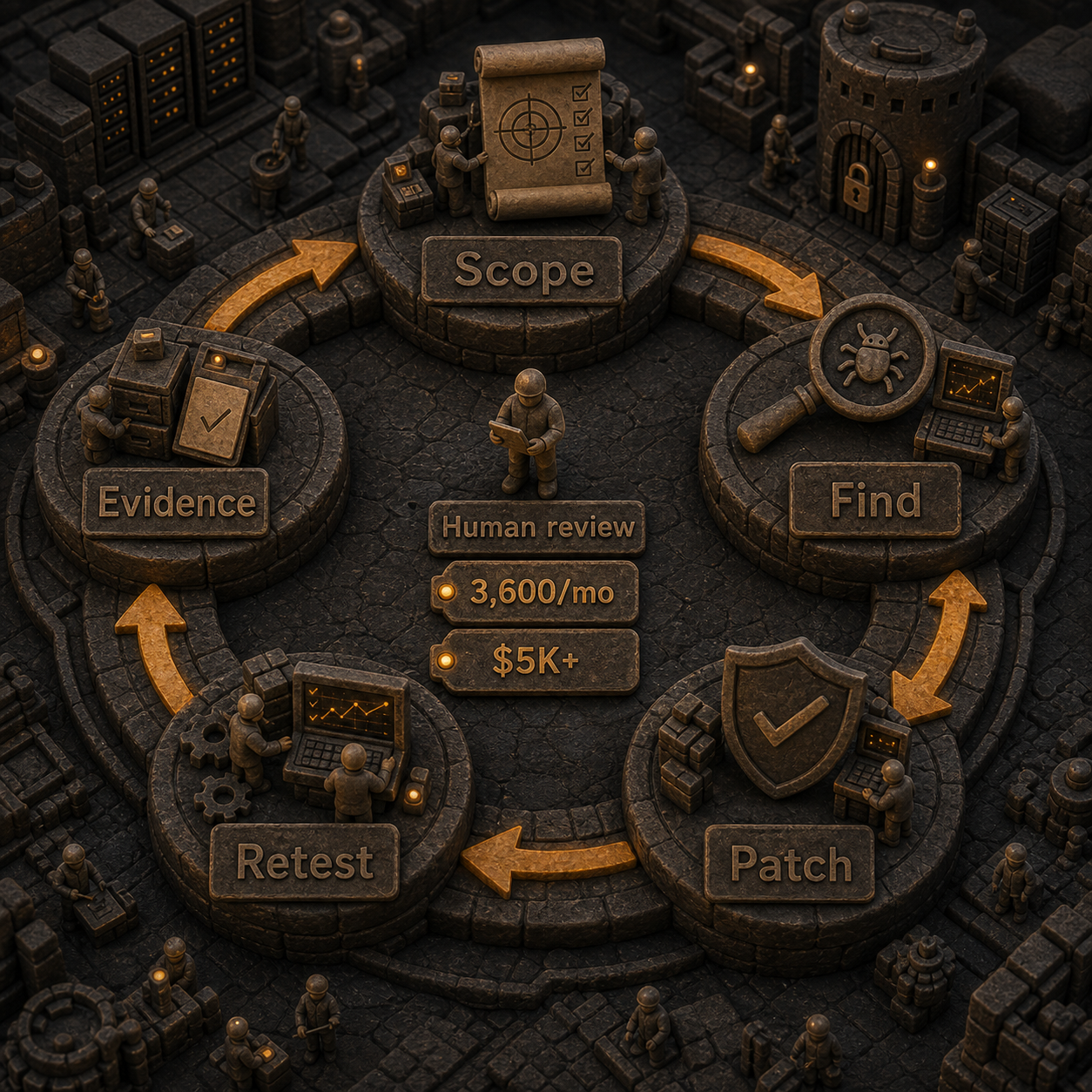 Clay workflow infographic for continuous penetration testing from scope through evidence