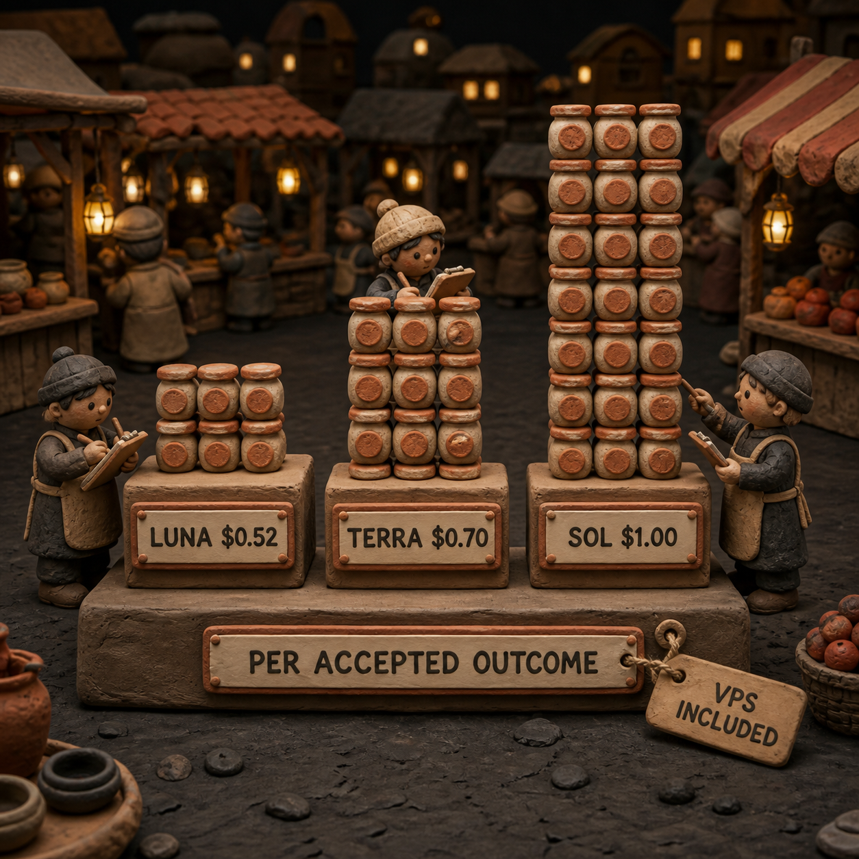 Three-column comparison of Luna, Terra, and Sol cost per accepted OpenClaw outcome including a 12 dollar VPS