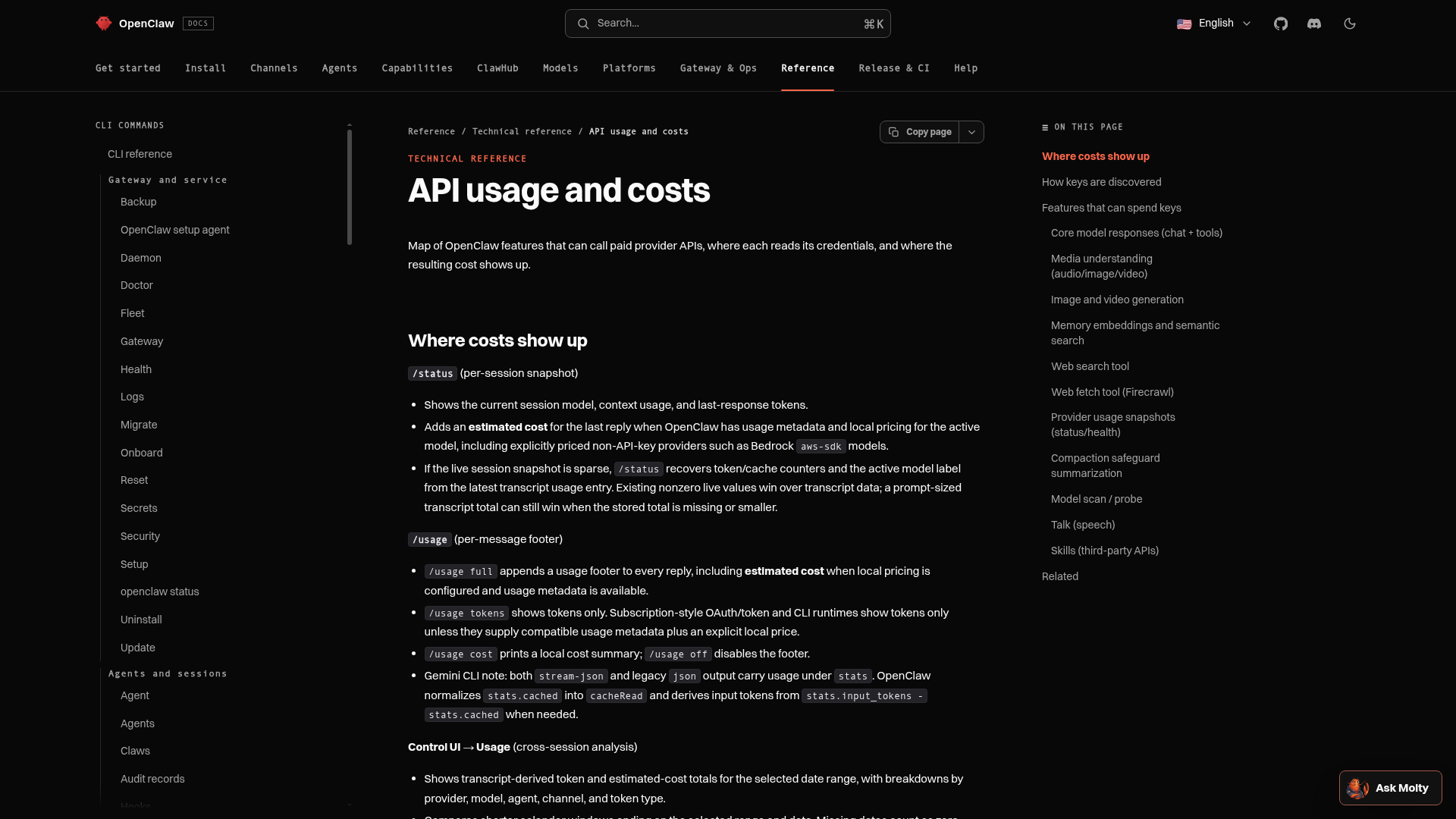 OpenClaw API usage and costs documentation showing where provider charges appear