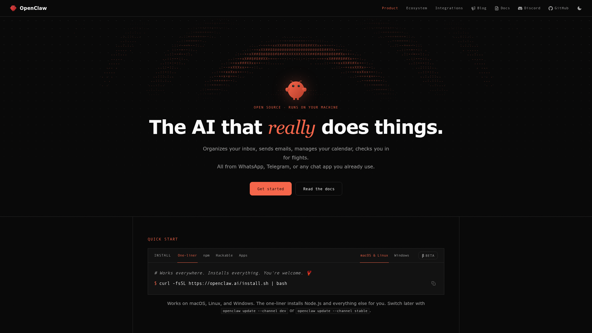 OpenClaw official homepage showing the personal AI assistant and installation paths