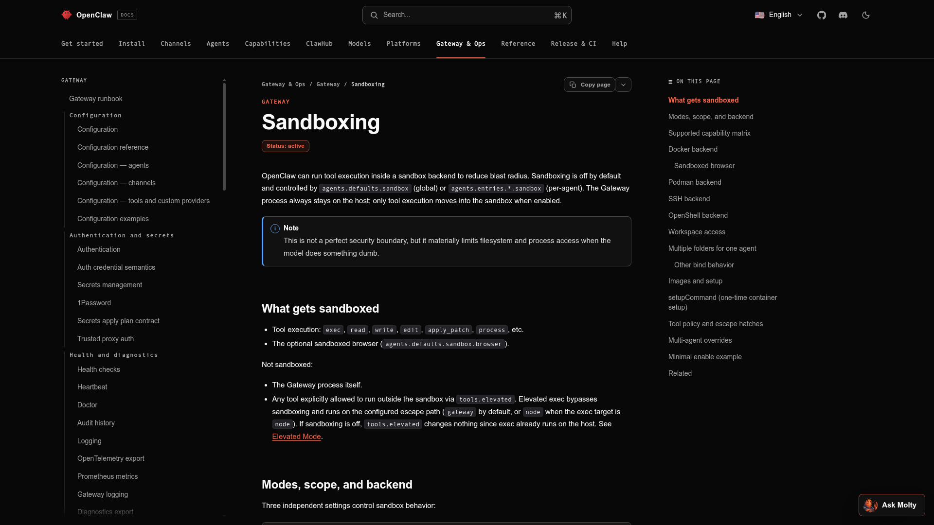 OpenClaw sandboxing documentation showing sandbox mode defaults and the Gateway boundary