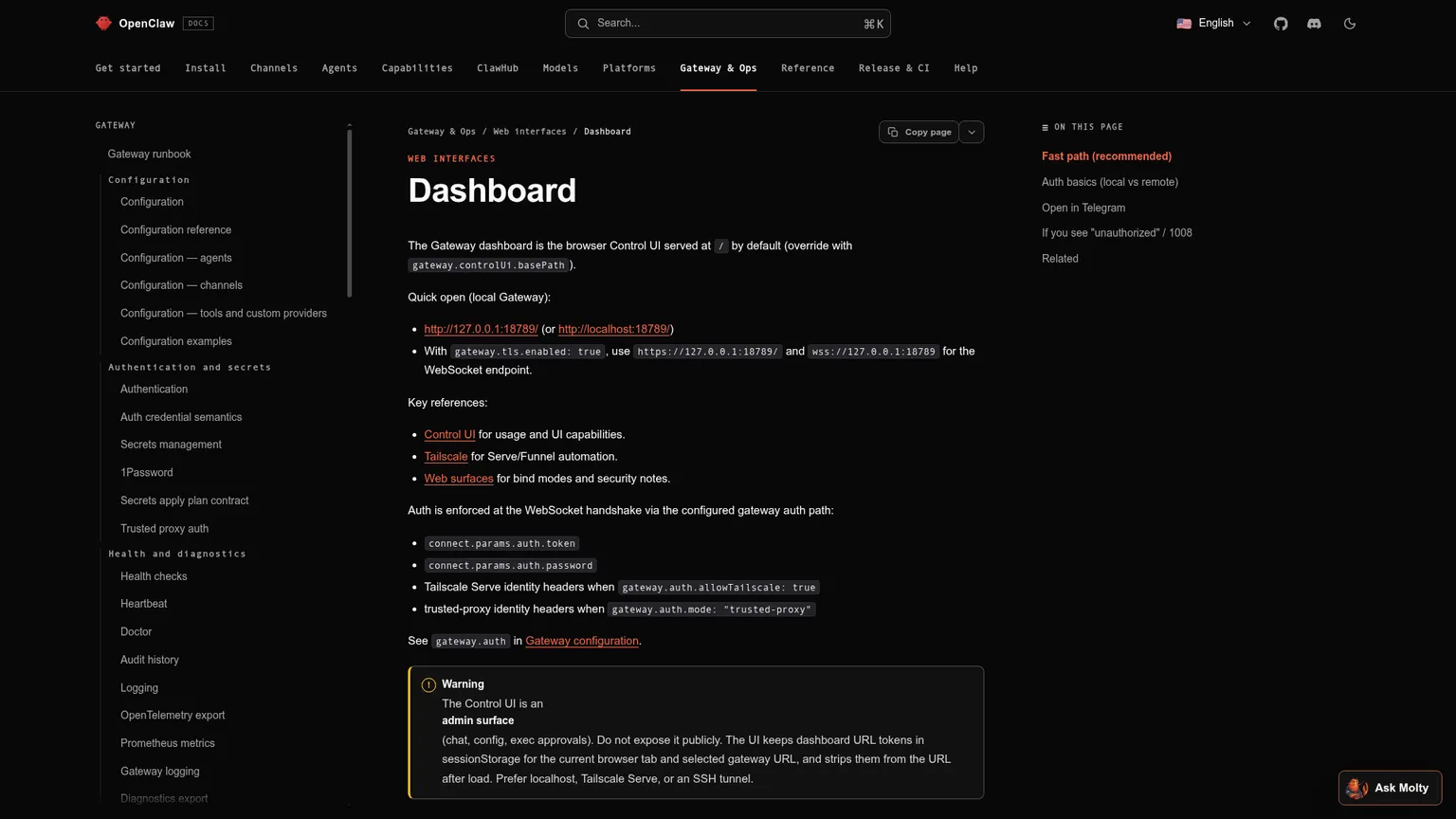 Documentación de OpenClaw sobre el panel del Gateway y la autenticación de Control UI