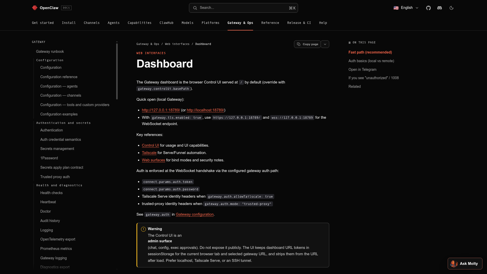 OpenClaw documentation for the Gateway dashboard and Control UI authentication