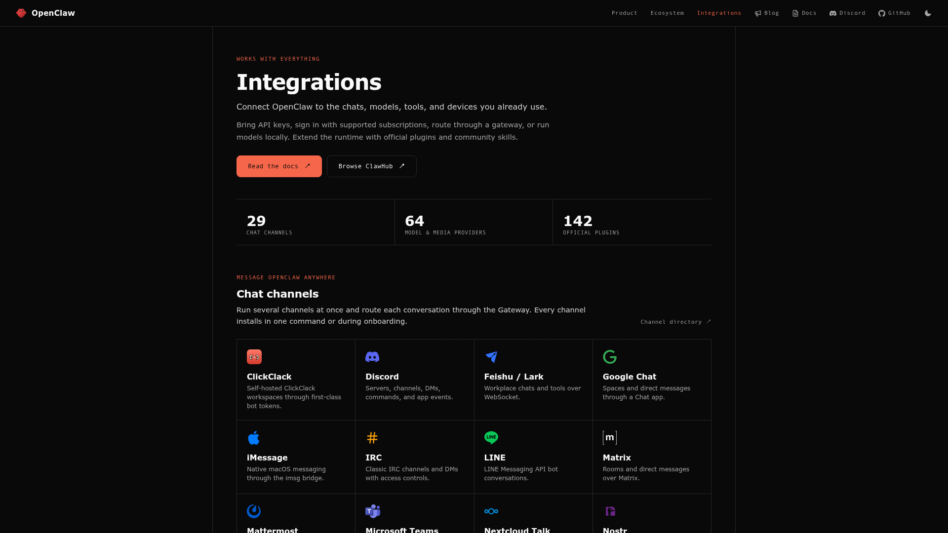 OpenClaw integrations directory showing chat channels, model providers, tools, and hosts
