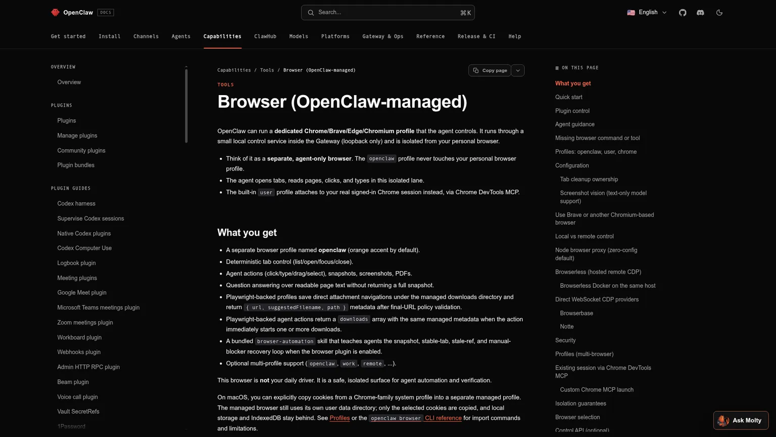 Documentación del navegador de OpenClaw con perfiles gestionados y acciones disponibles