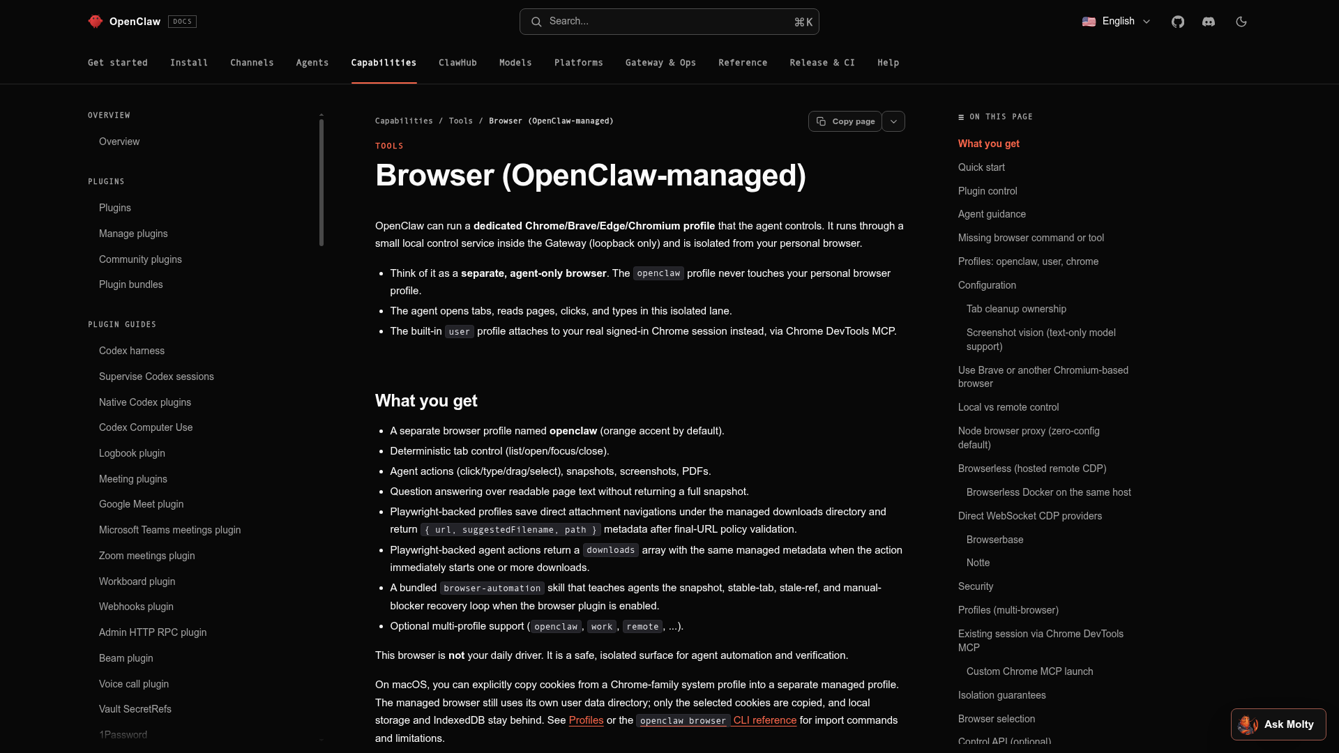 OpenClaw browser documentation showing managed profiles and browser actions
