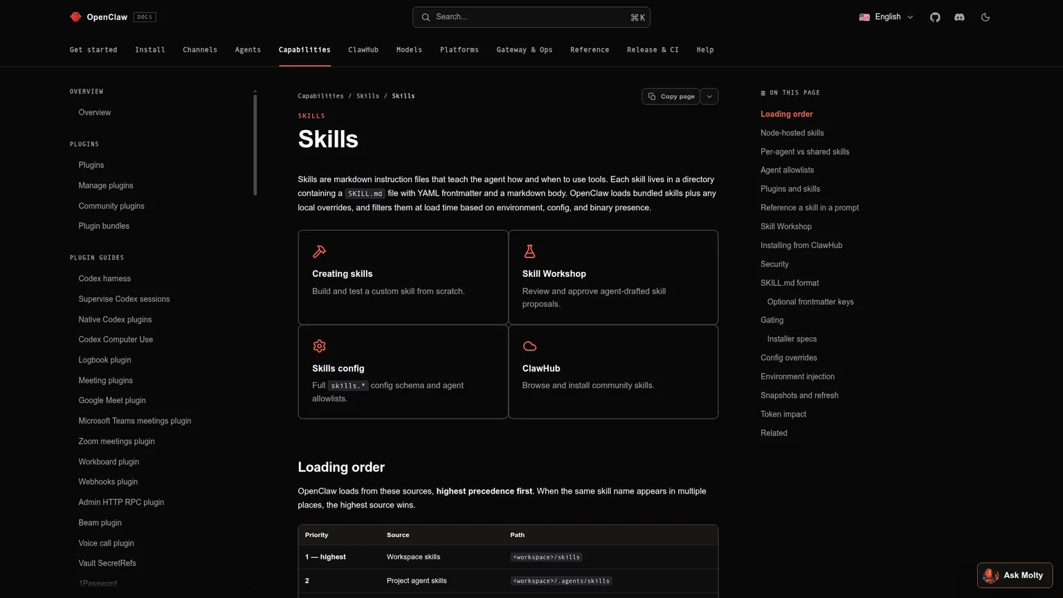 Documentación de skills de OpenClaw con SKILL.md, ClawHub, verificación y política de instalación