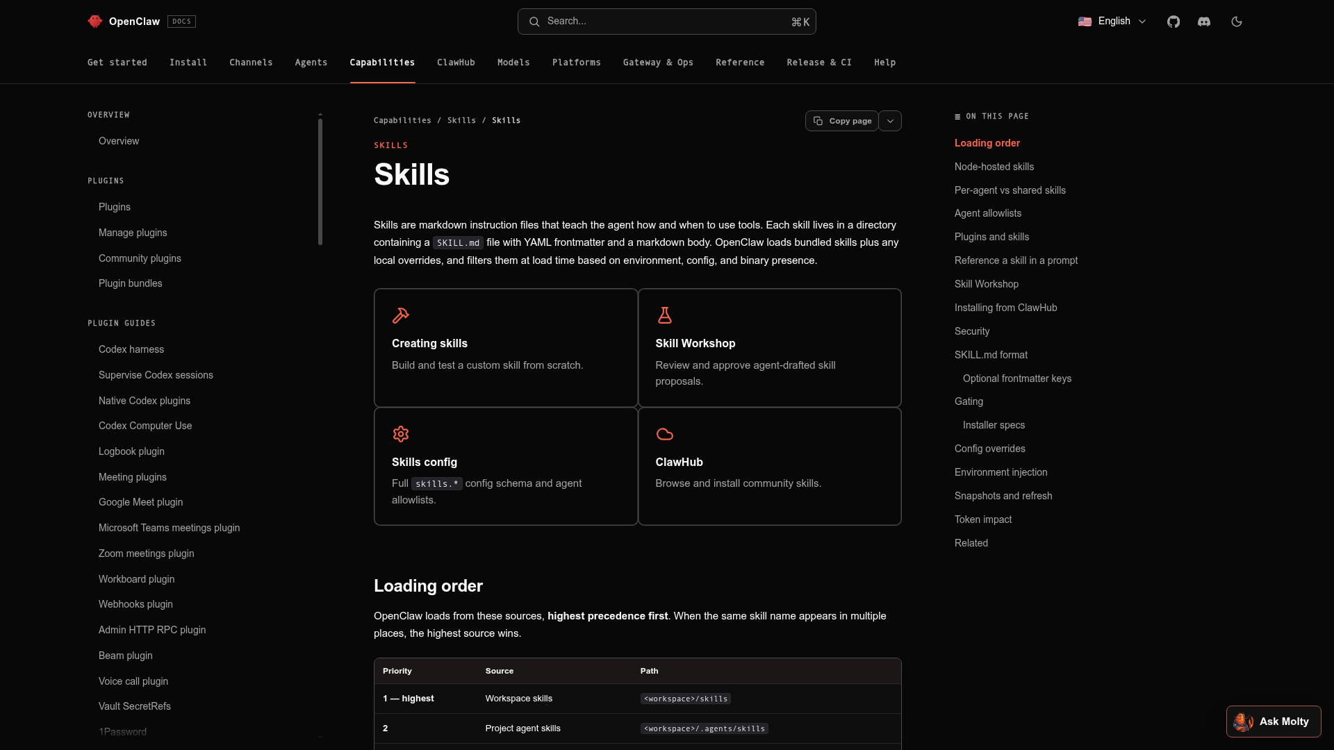 OpenClaw skills documentation showing SKILL.md, ClawHub, verification, and install policy
