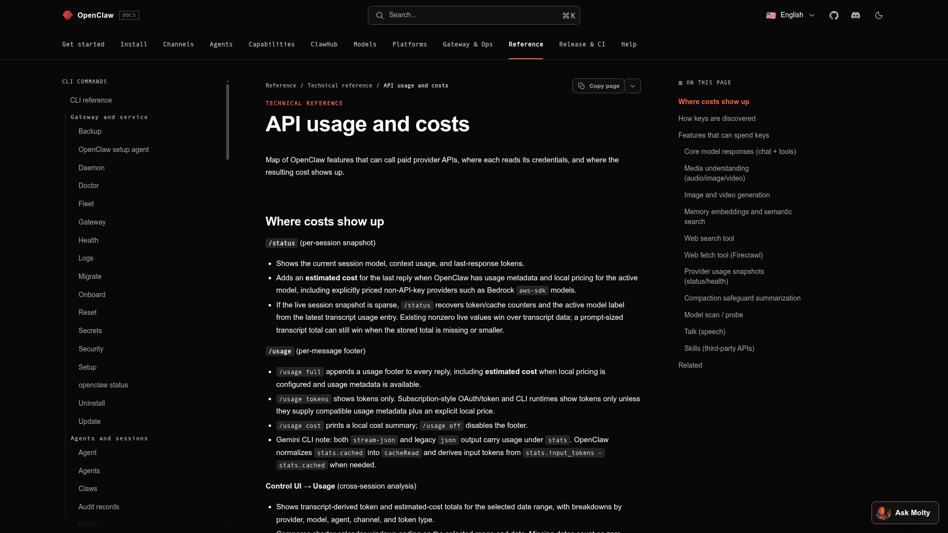 OpenClaw official API usage and costs documentation