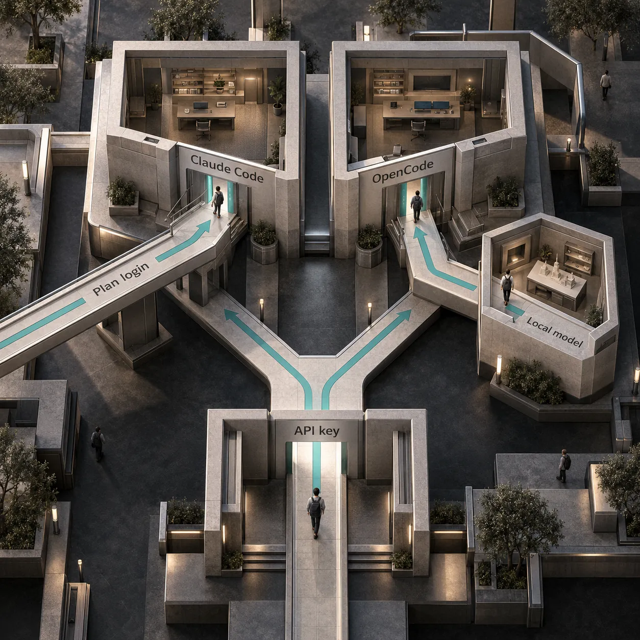 Architectural paths show plan login entering Claude Code, an API key branching to both agents, and a local model entering OpenCode