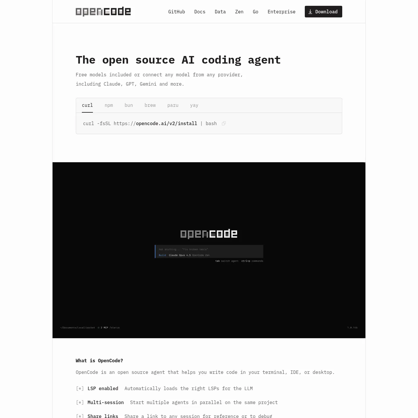OpenCode's official product page showing its terminal coding agent and model-provider options