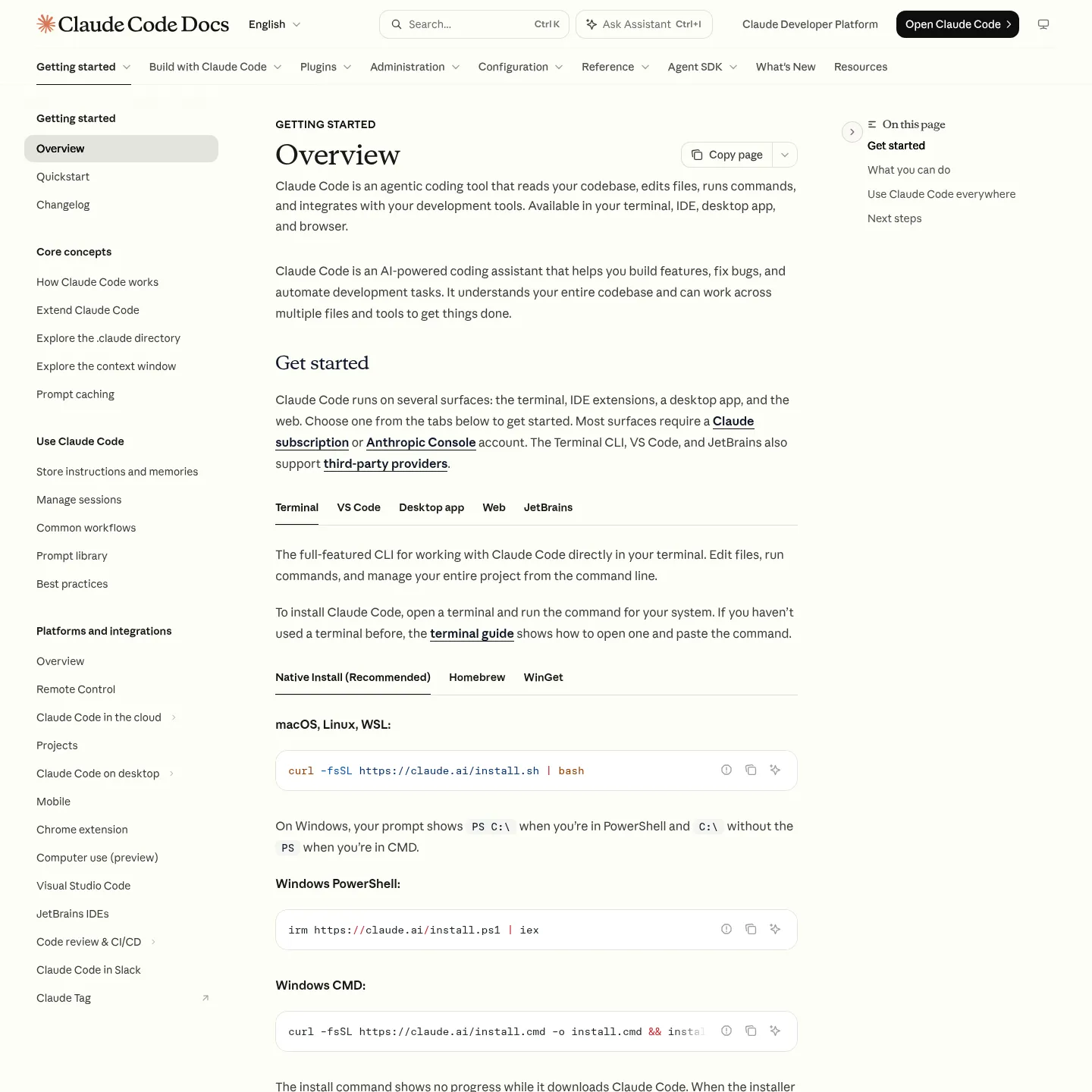 Anthropic's official Claude Code overview with terminal, IDE, desktop and web setup options