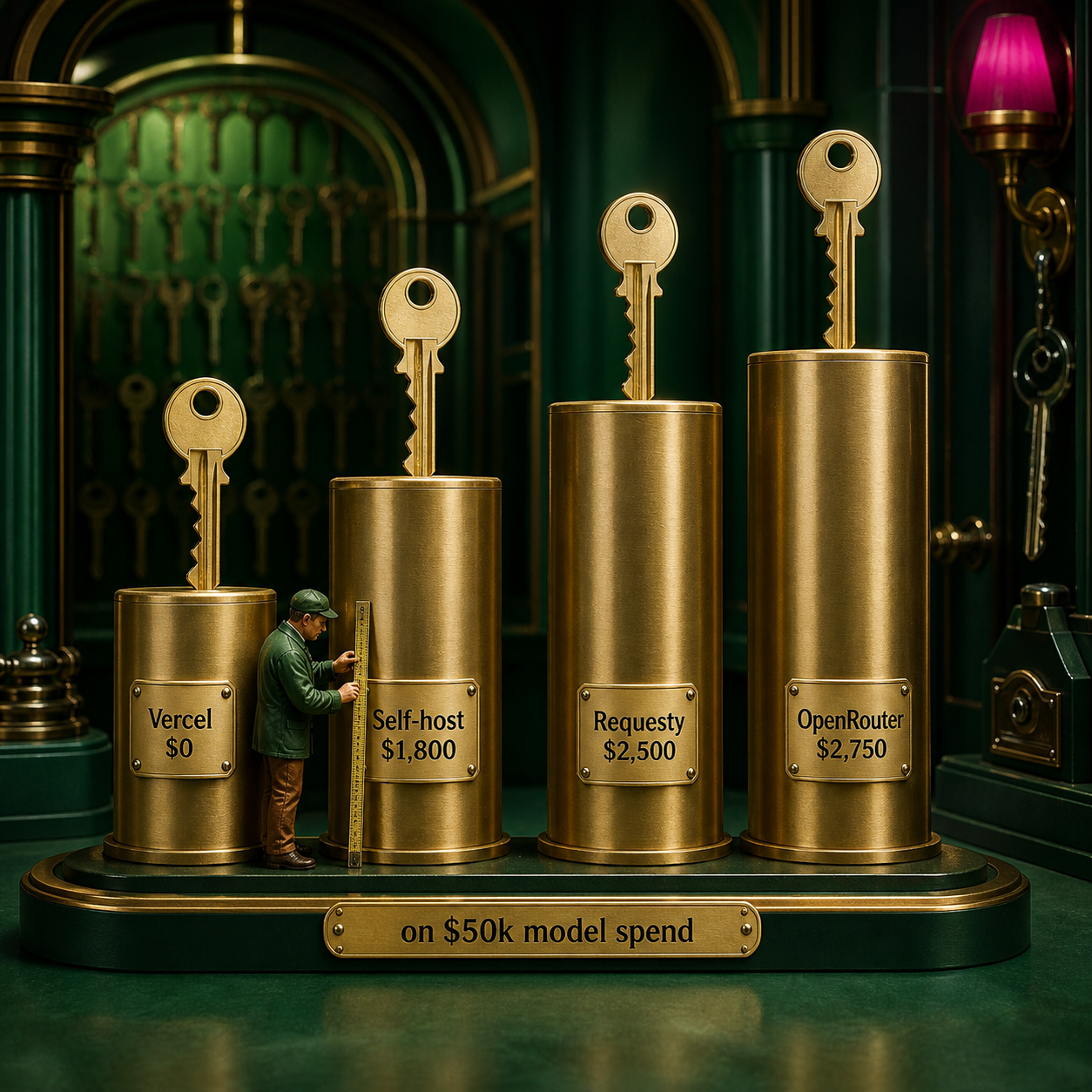 Gateway cost columns at fifty thousand dollars of monthly model spend