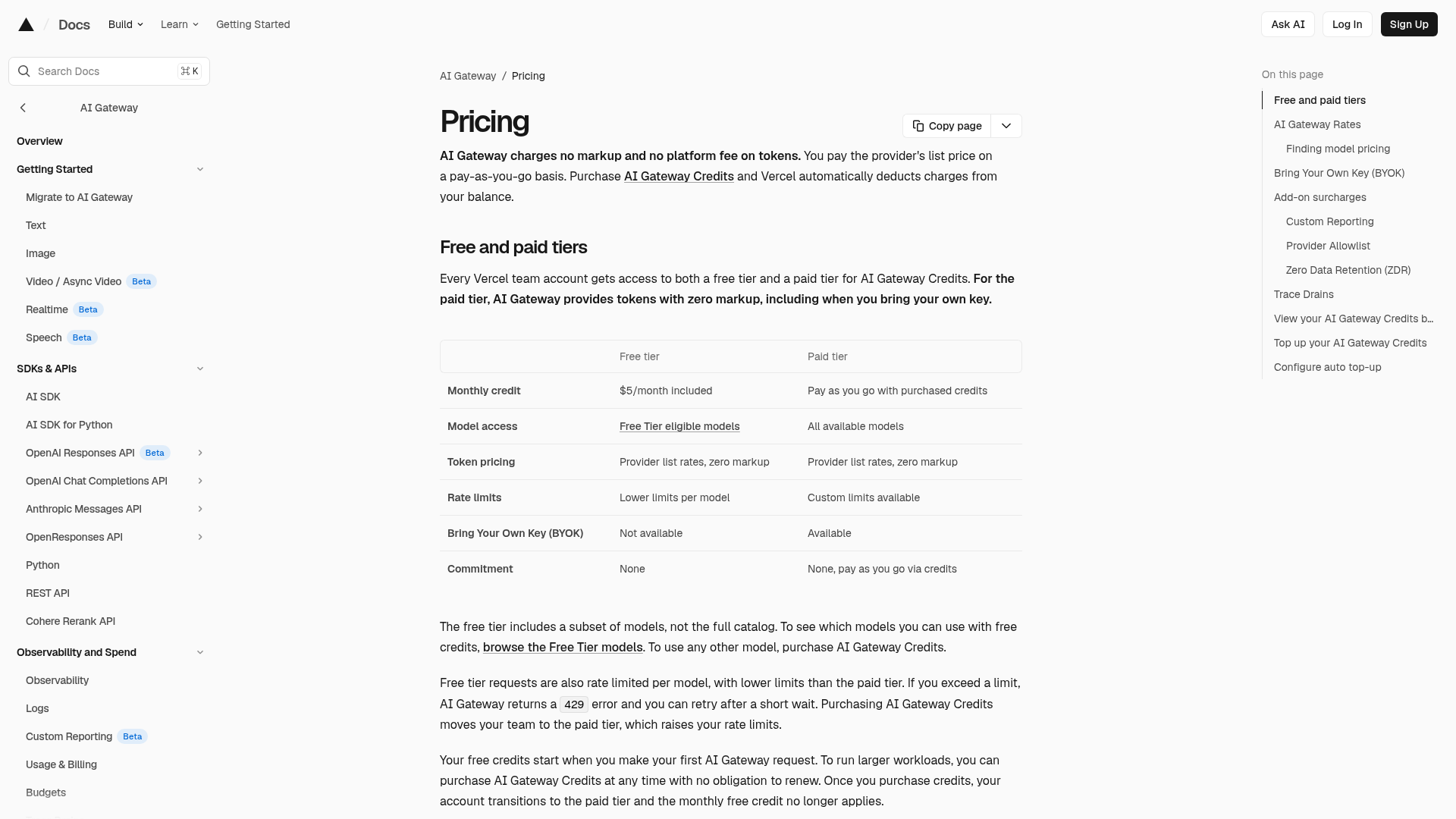 Vercel AI Gateway pricing documentation