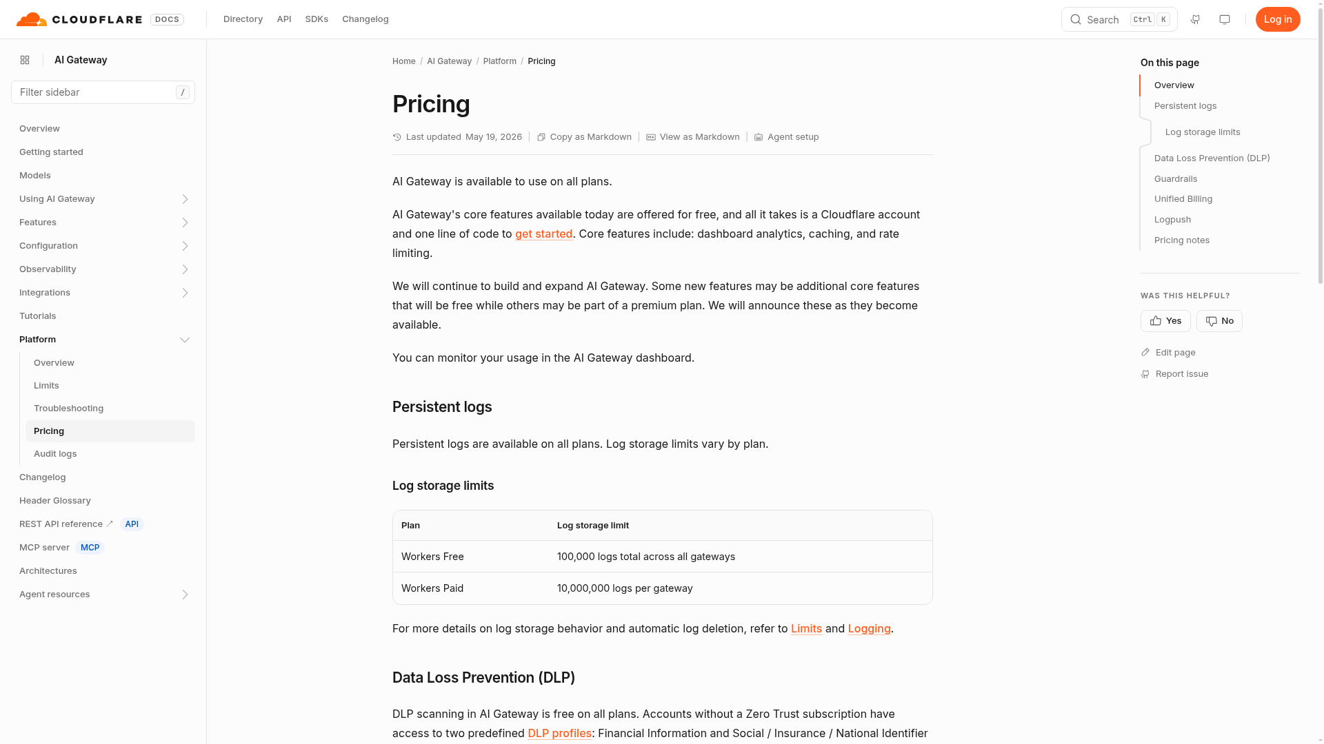 Cloudflare AI Gateway pricing and log limits
