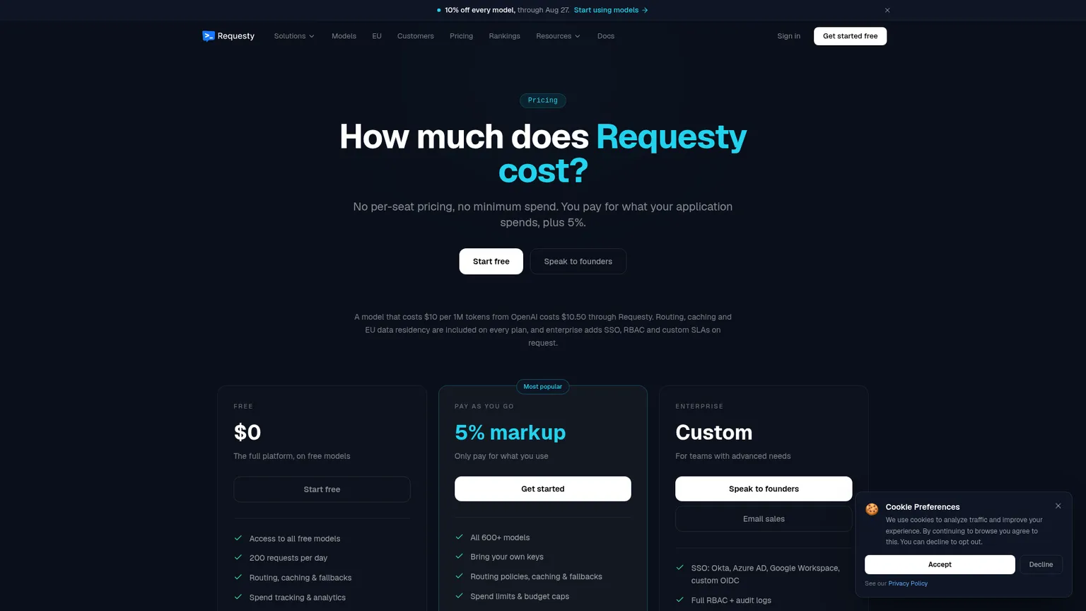 Página de precios de Requesty con los planes Free, Pay as you go y Enterprise