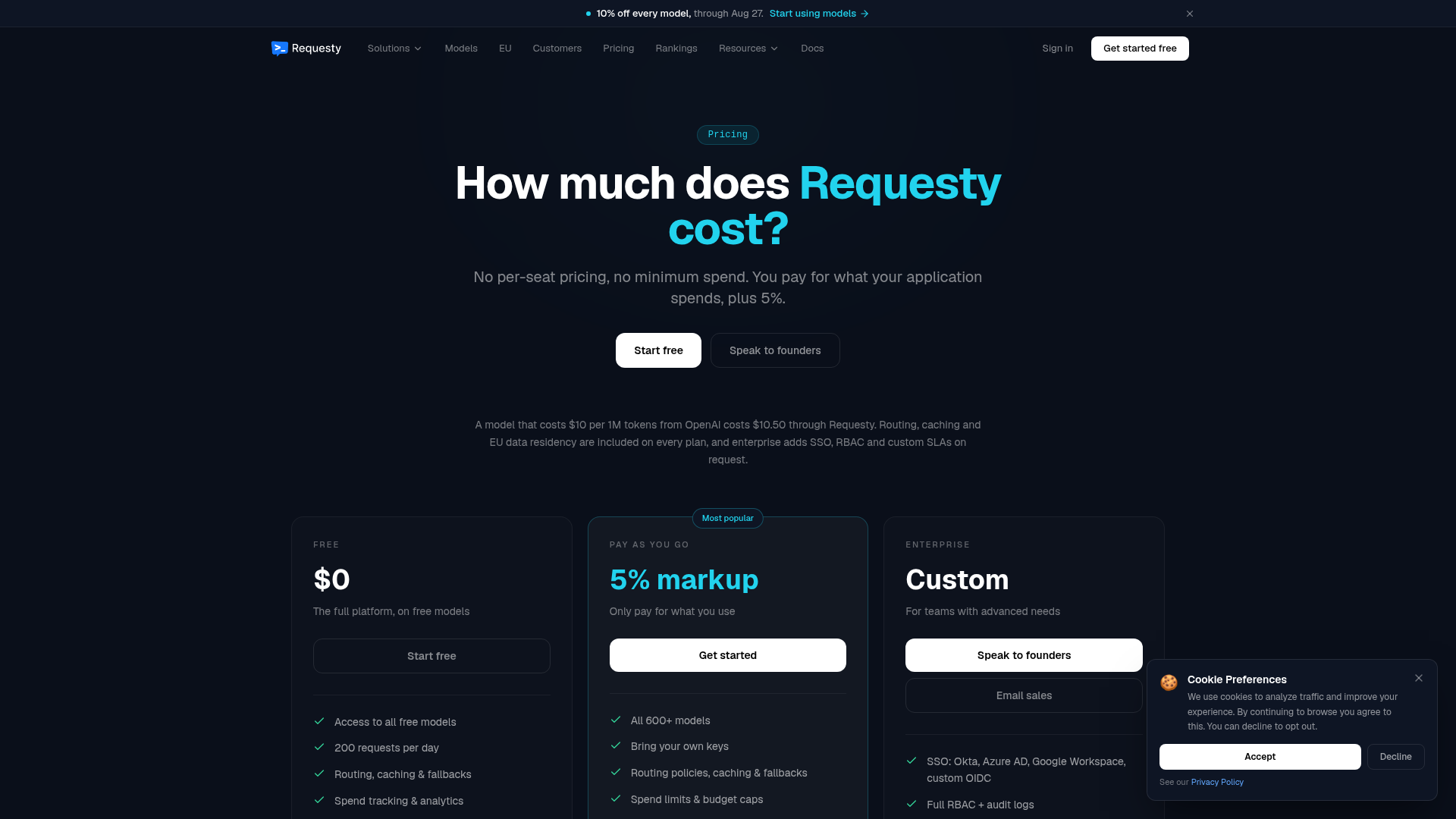 Requesty pricing page with Free, Pay as you go, and Enterprise tiers