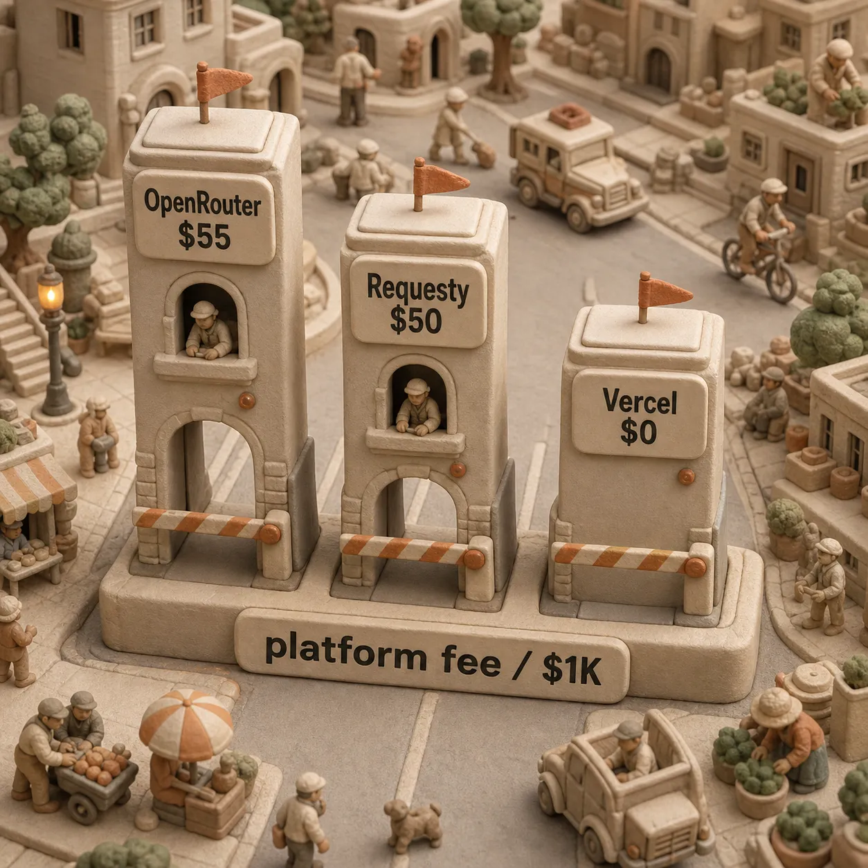 Clay toll towers comparing platform cost per $1,000 across OpenRouter, Requesty, and Vercel