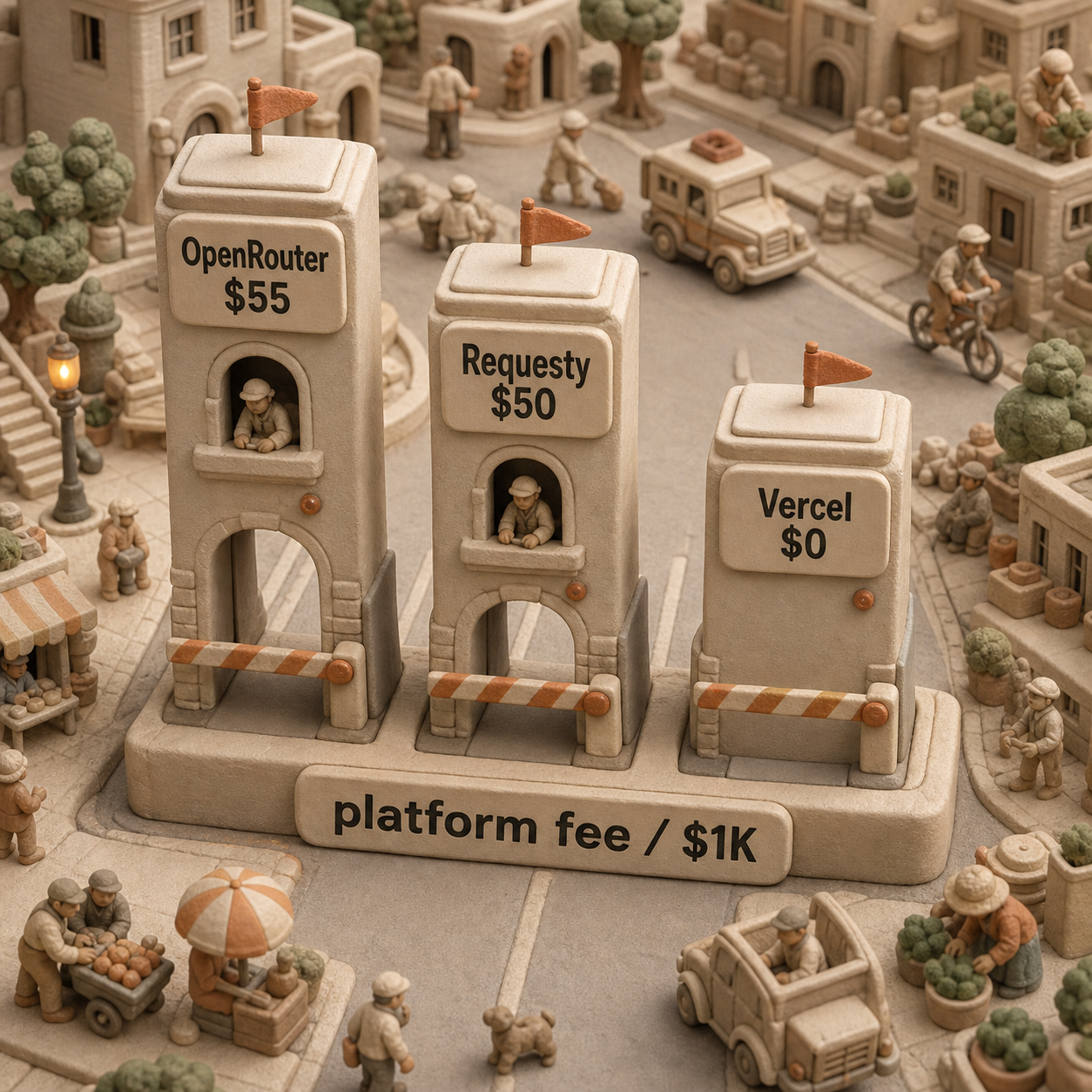 Clay toll towers comparing platform cost per $1,000 across OpenRouter, Requesty, and Vercel
