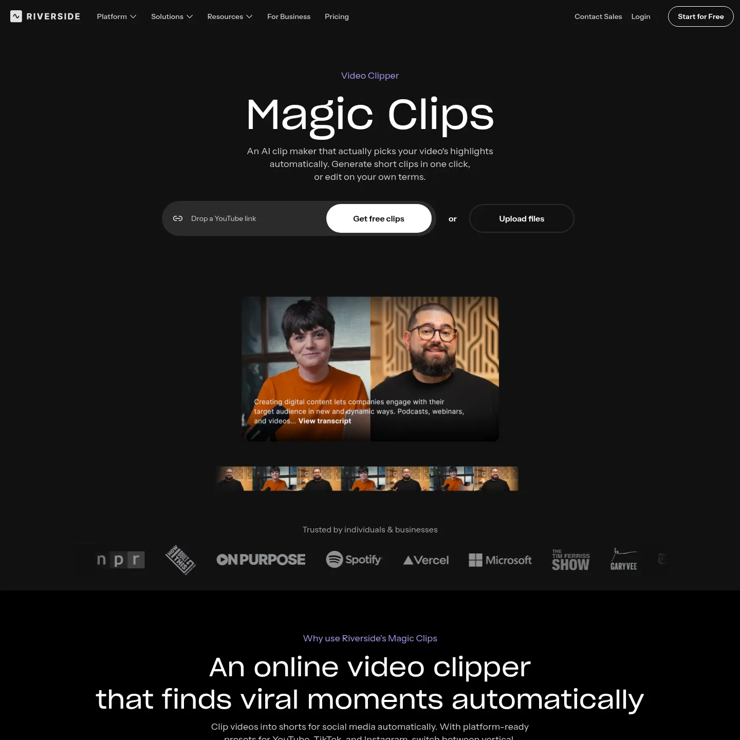 صفحة Magic Clips في Riverside تعرض التسجيل واختيار أبرز اللحظات والتخصيص