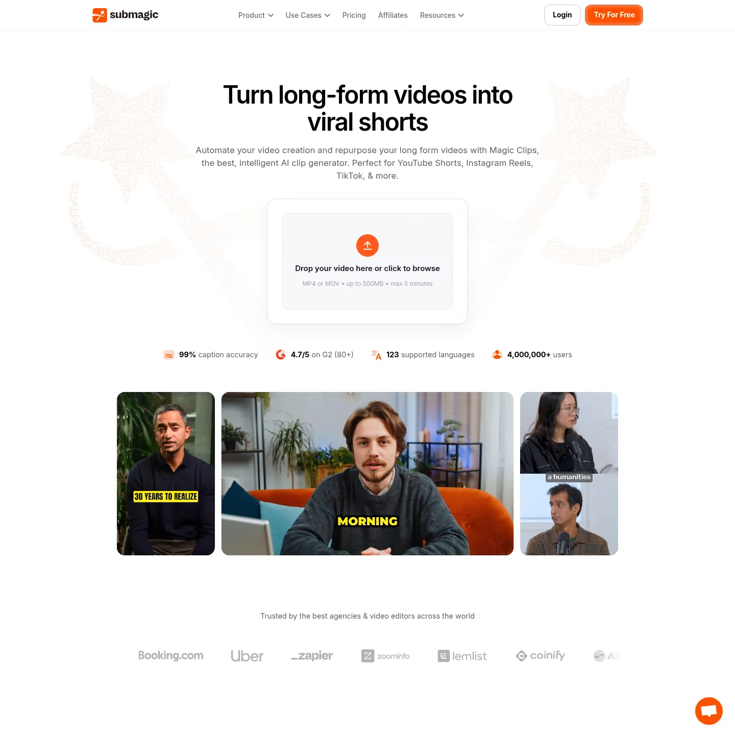 صفحة Magic Clips في Submagic تشرح إعادة توظيف الفيديوهات الطويلة