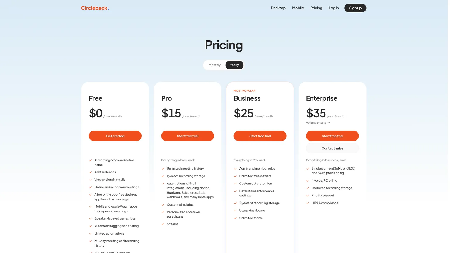 Free, Pro, Business, Enterprise ์๊ธ์ ๋ฅผ ๋ณด์ฌ์ฃผ๋ Circleback ์๊ธ ํ์ด์ง