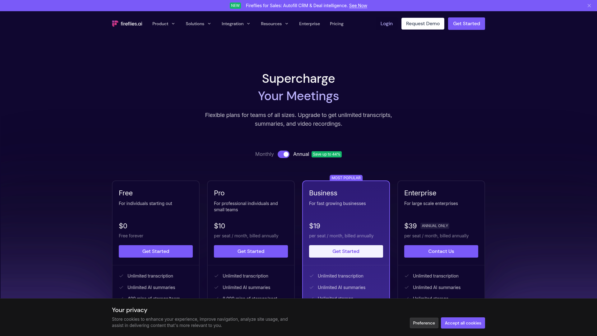 Fireflies.ai pricing page showing Free, Pro, Business, and Enterprise plans