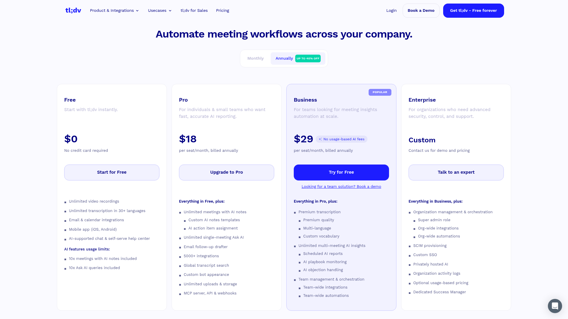 tl;dv pricing page showing Free, Pro, Business, and Enterprise plans