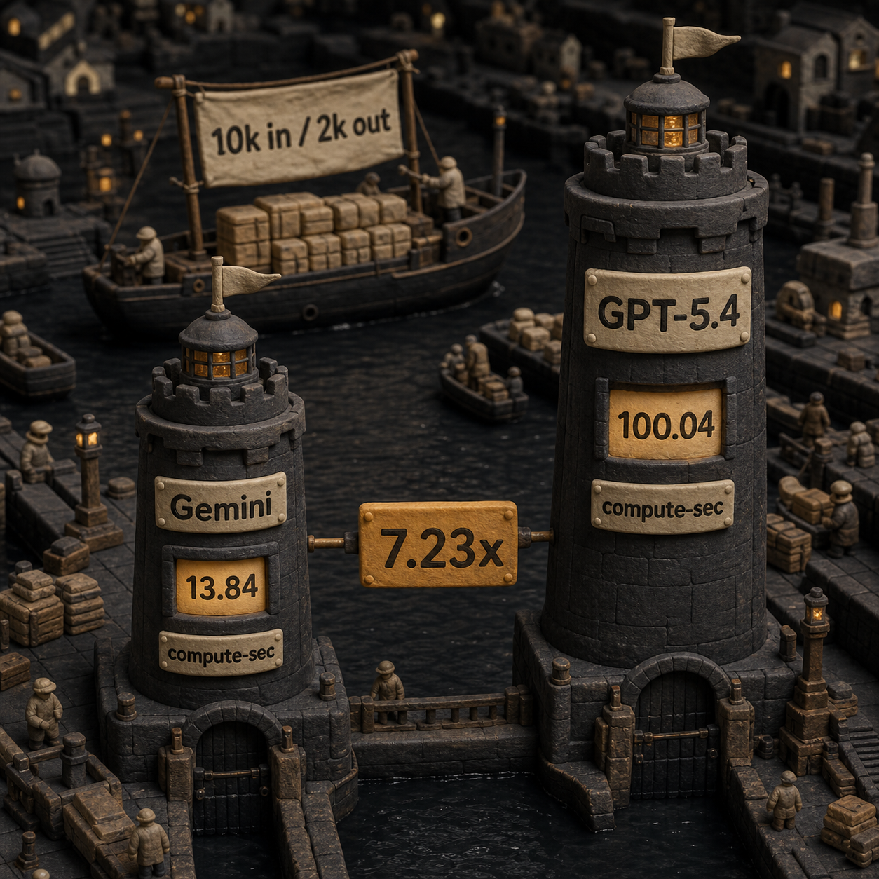Physical column comparison showing 13.84 compute-seconds for Gemini and 100.04 for GPT-5.4 on the same token workload