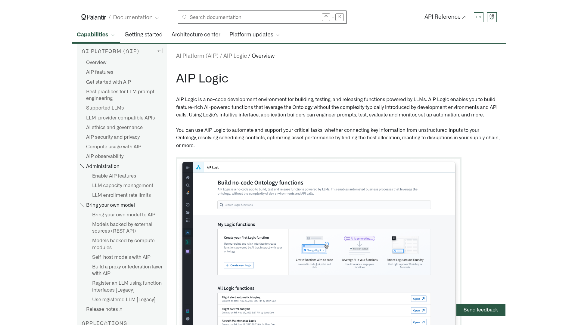Palantir AIP Logic documentation page