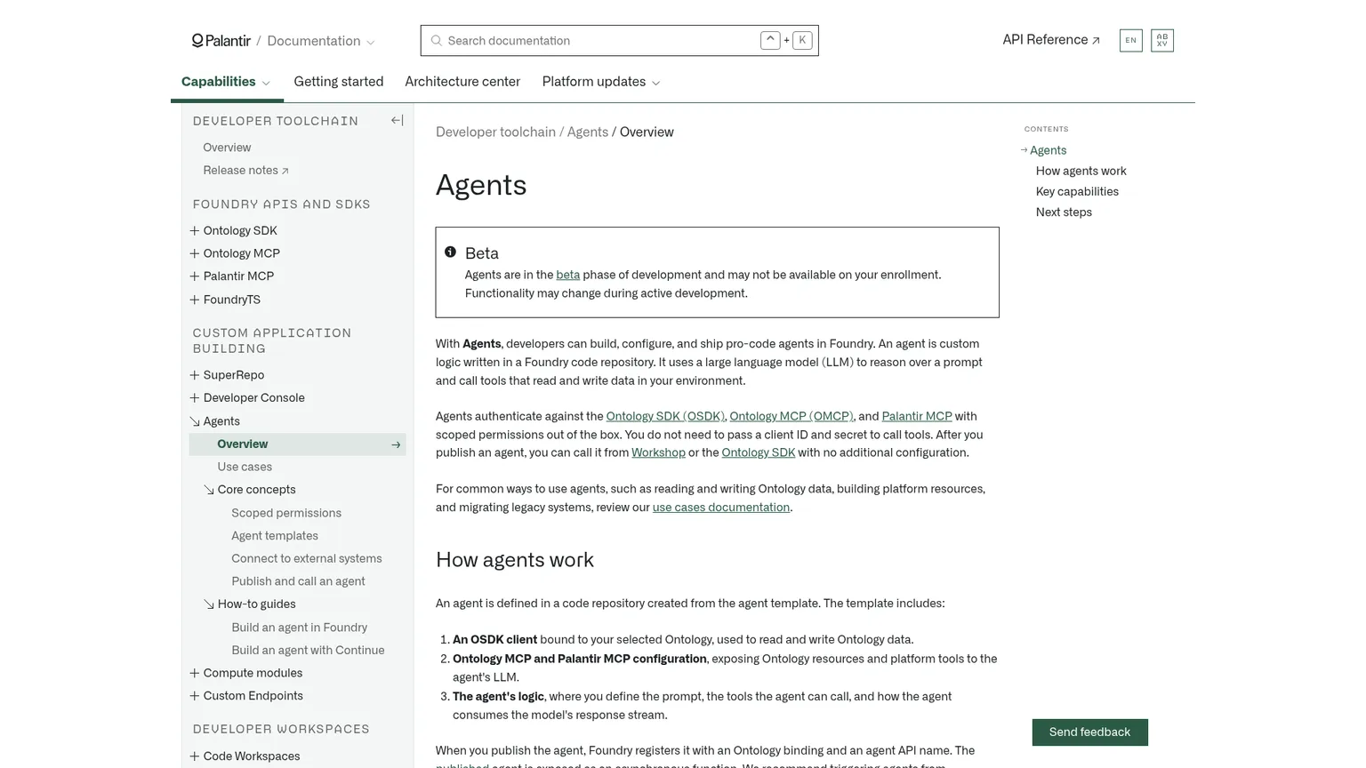 Dokumentation zum Beta-Status der Pro-Code-Agenten in Palantir