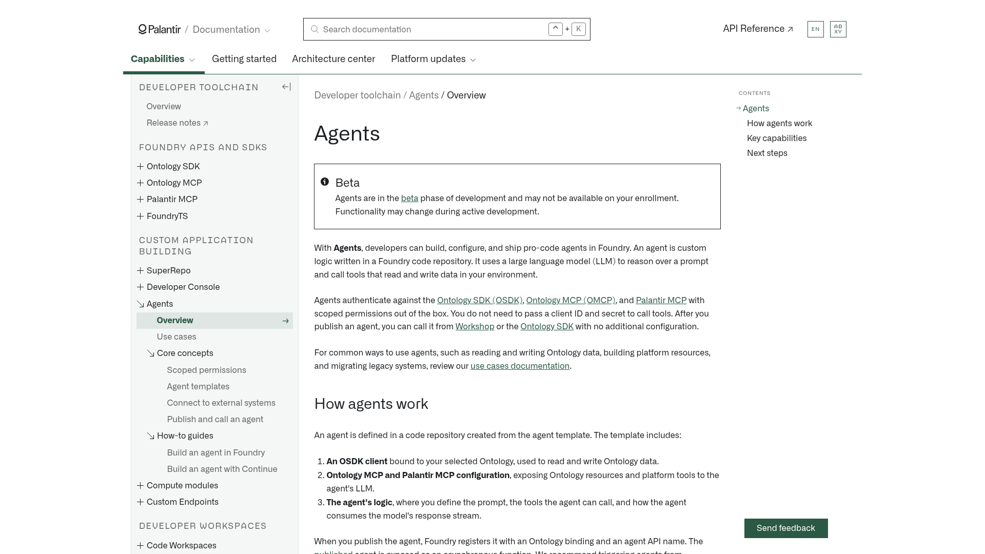 Palantir pro-code Agents beta documentation