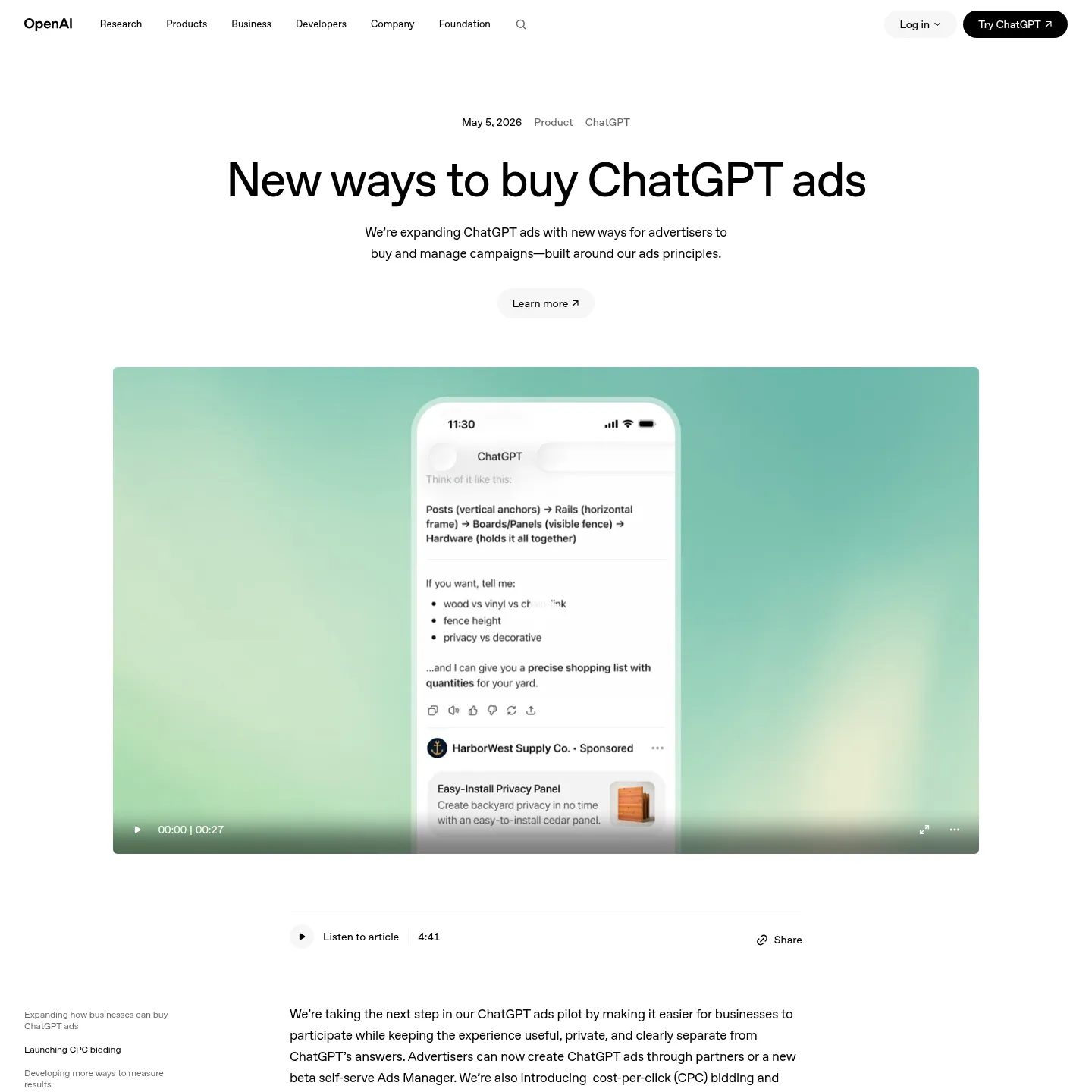 OpenAIs offizielle Ankündigung des Ads Manager zur eigenständigen Anzeigenbuchung für ChatGPT
