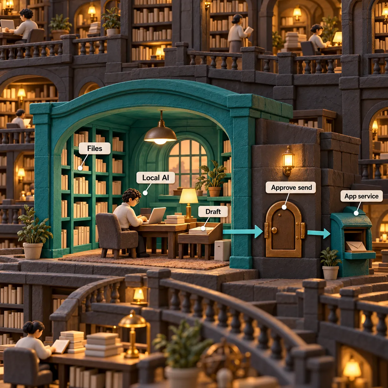 A clay library chamber keeps files, AI processing and a draft inside, with a separate approval hatch leading to an app service