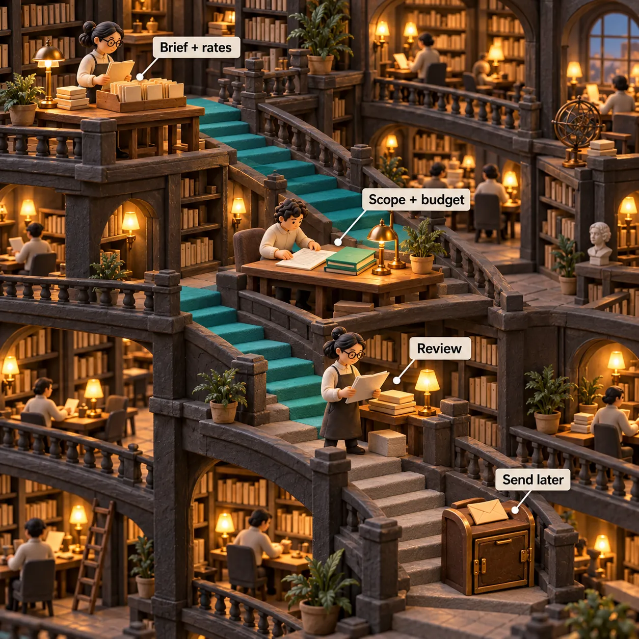 A clay library staircase moves from brief and rates to scope and budget, through human review, then to a closed send-later cabinet